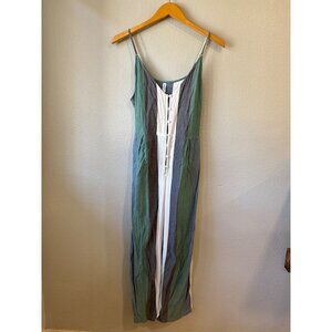 RVCA Jumpsuit Women Large Striped Button Front Wide Leg Coastal Vacation beach